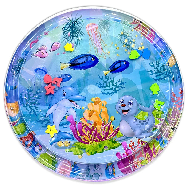 Tapis de jeu d'eau rond gonflable pour bébé, motif dauphin et phoque, 100 cm, en PVC, avec coussin intégré. Idéal comme cadeau pour enfants.
