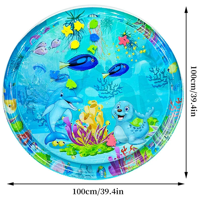 Tapis de jeu d'eau rond gonflable pour bébé, motif dauphin et phoque, 100 cm, en PVC, avec coussin intégré. Idéal comme cadeau pour enfants.
