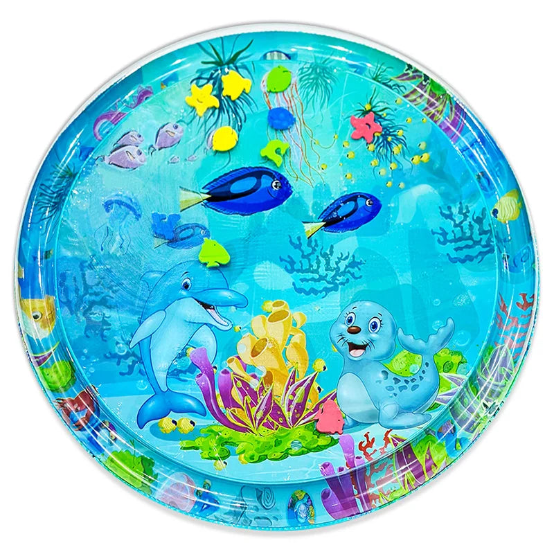 Tapis de jeu d'eau rond gonflable pour bébé, motif dauphin et phoque, 100 cm, en PVC, avec coussin intégré. Idéal comme cadeau pour enfants.