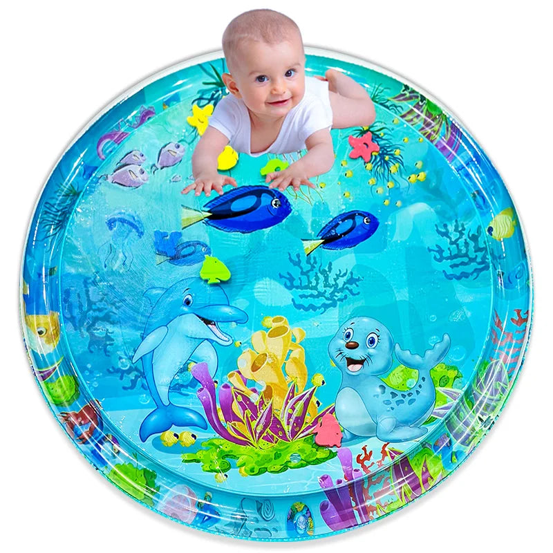 Tapis de jeu d'eau rond gonflable pour bébé, motif dauphin et phoque, 100 cm, en PVC, avec coussin intégré. Idéal comme cadeau pour enfants.